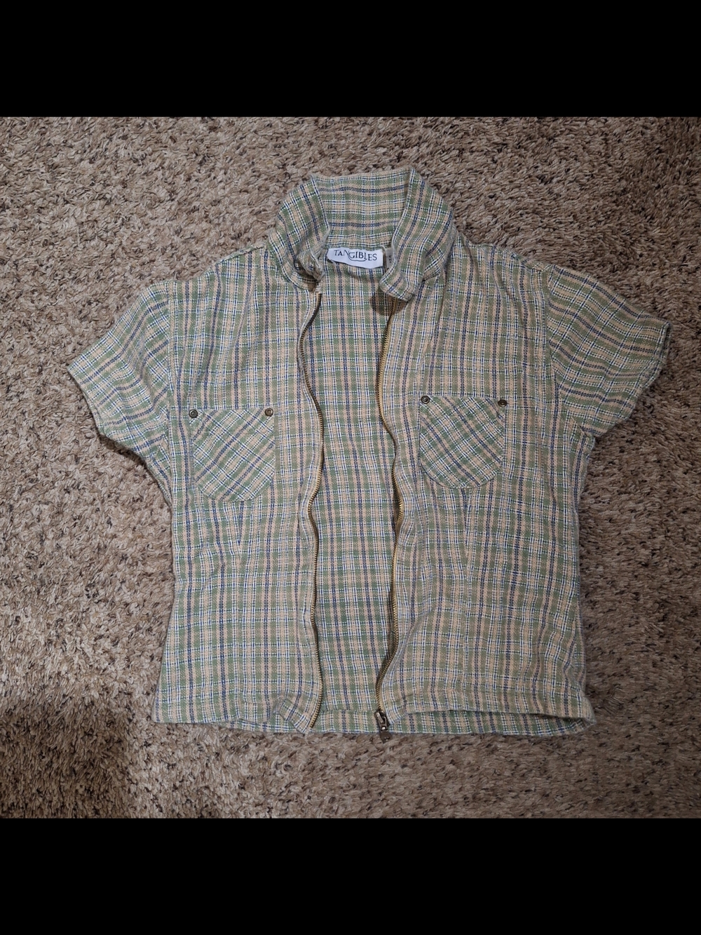 Vintage 90s Tangibles Green Plaid Zip Front Short Sleeve Jacket Shirt Top Fits S